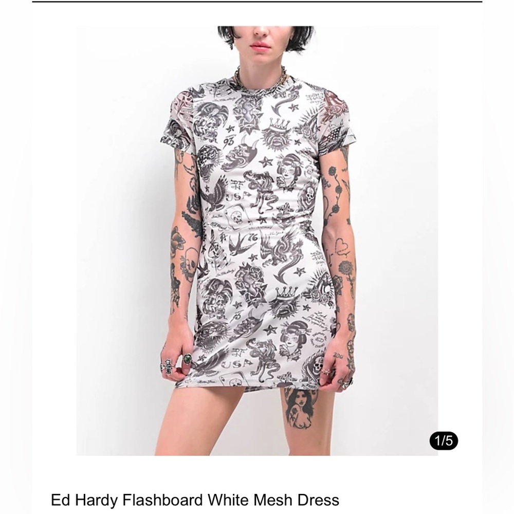 Ed Hardy Y2K Flashboard Black White Mesh Mini T Shirt Dress, L NWT